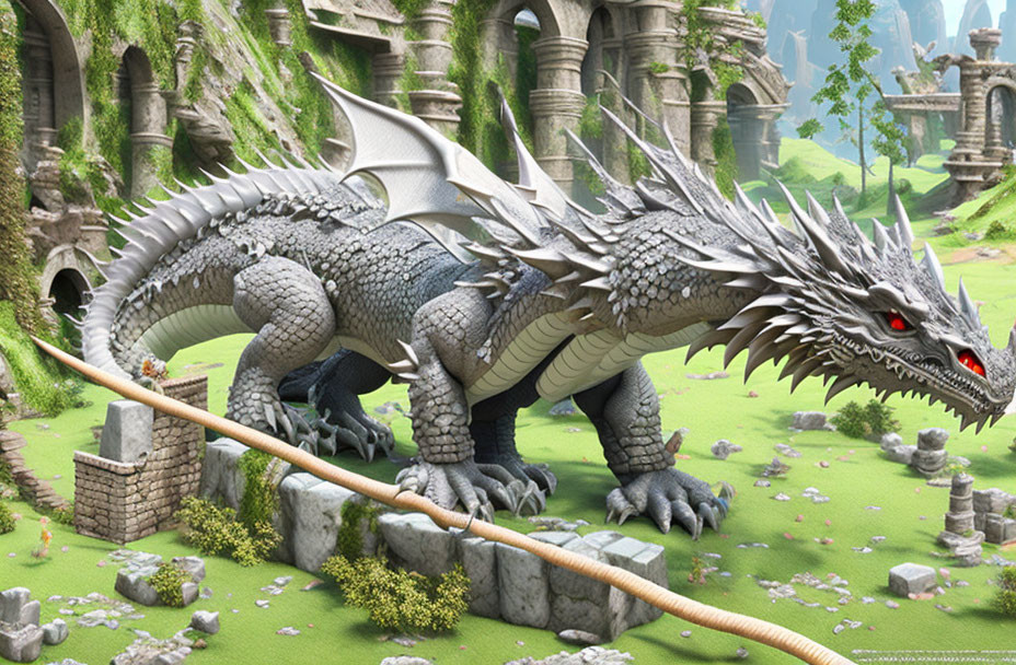 Silver-scaled dragon on ruins in lush valley with bridges