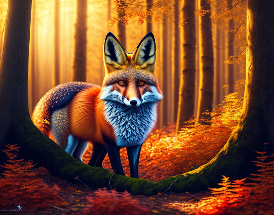 Digital artwork: Red fox in autumn forest with red foliage and golden light