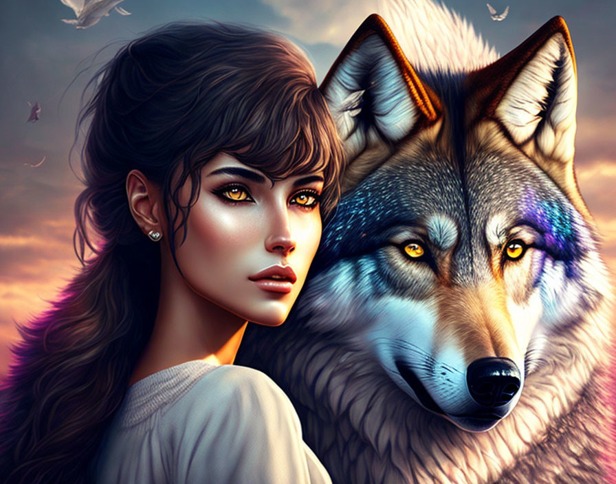 Digital Artwork: Woman and Wolf in Twilight Sky