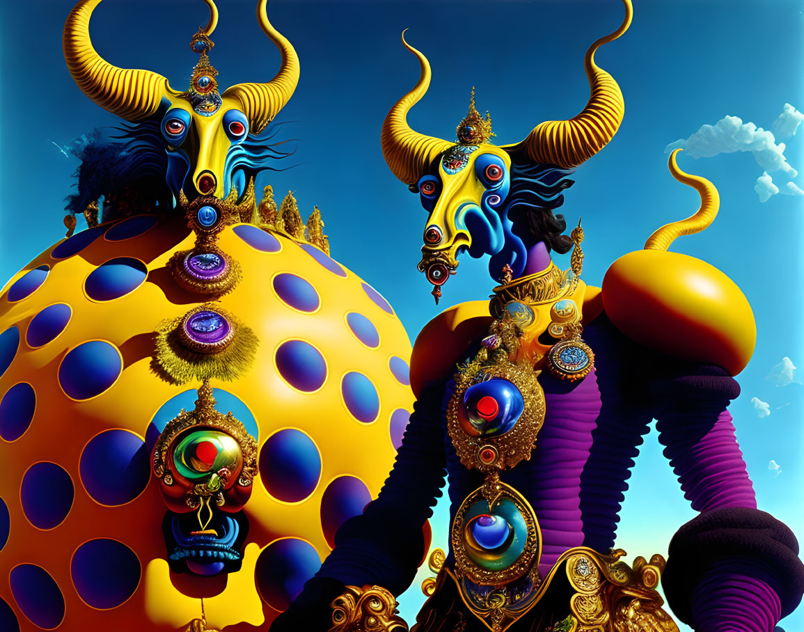 Vibrant surreal digital art: bull-headed creatures with jewels under blue sky