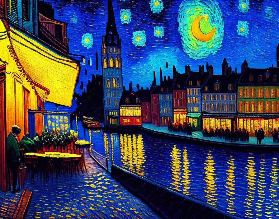 Colorful Van Gogh-inspired nocturnal riverside painting with stars, moon, buildings, and cafe