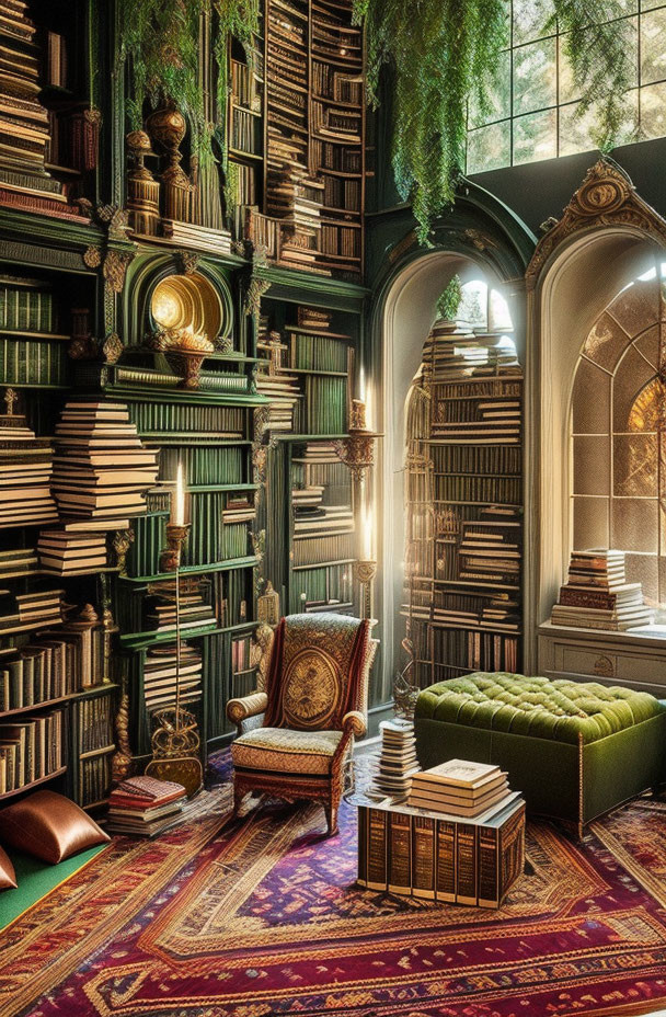 Cozy library with towering bookshelves and armchair