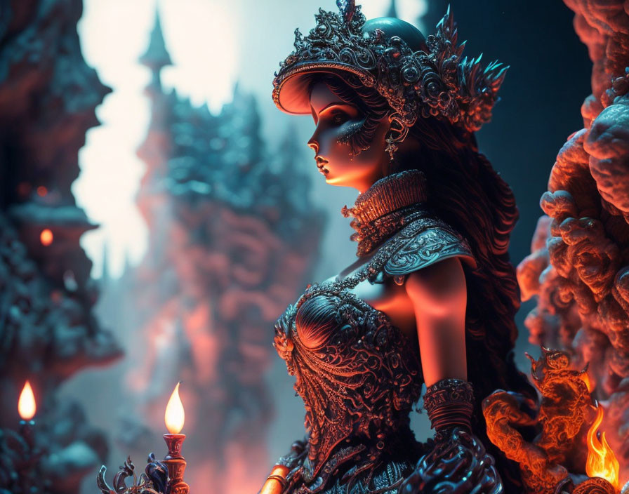 Detailed Fantasy Figure in Ornate Armor Holding Candle Against Moody Blue and Orange Backdrop