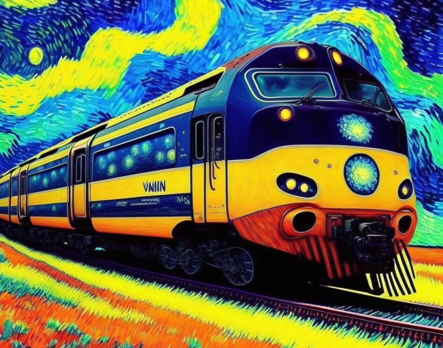 Artistic Train Illustration with Starry Night Theme - Van Gogh Style Merge