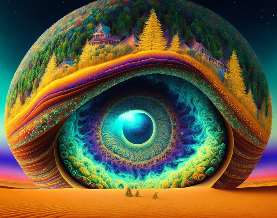 Colorful Vortex in Surreal Landscape with Cottage and Forests