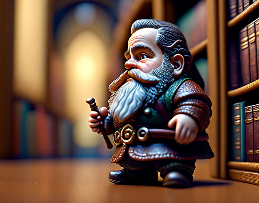 Fantasy dwarf figurine with pipe in front of bookshelf