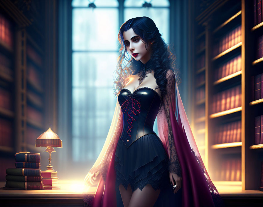 Stylized gothic woman in corset and cape in mystical library setting