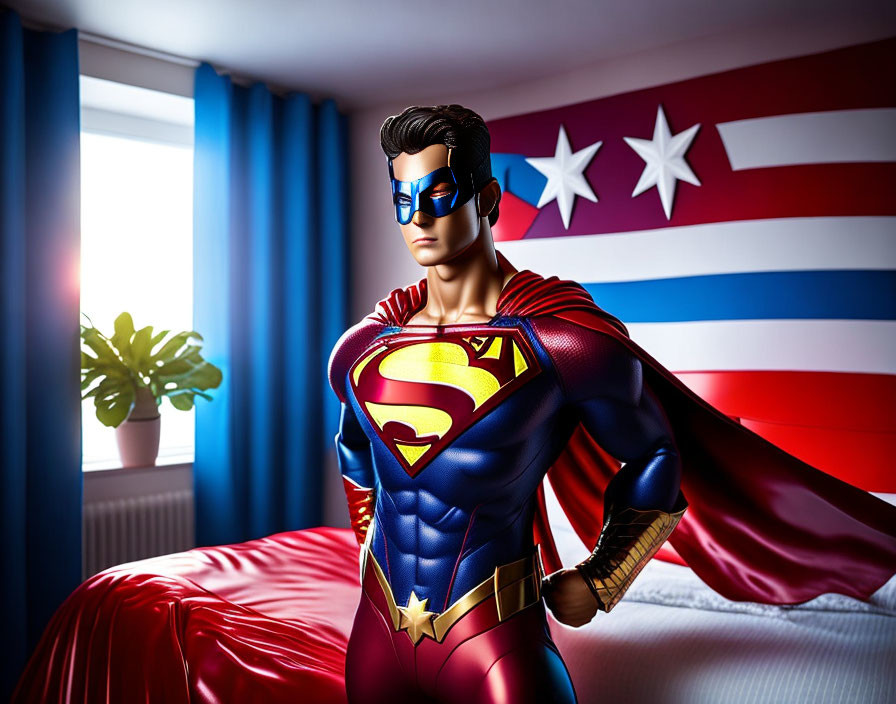 Superman figurine in heroic pose with cape, American flag backdrop, blue curtains, and green plant