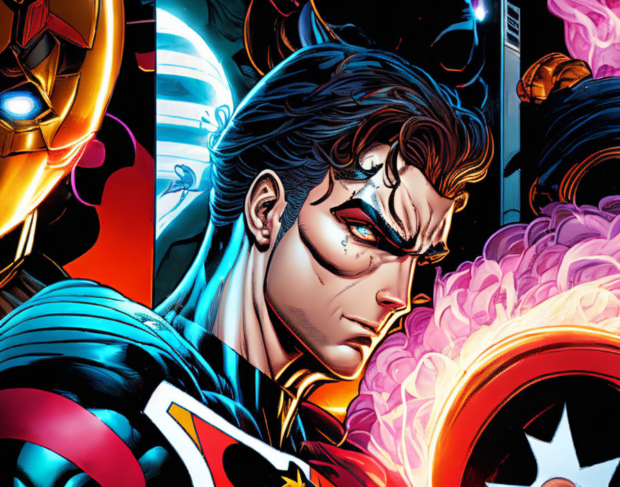 Male superhero in red and blue suit with emblem, close-up comic book illustration