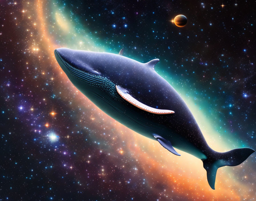 Whale floating in space with nebulas and planet