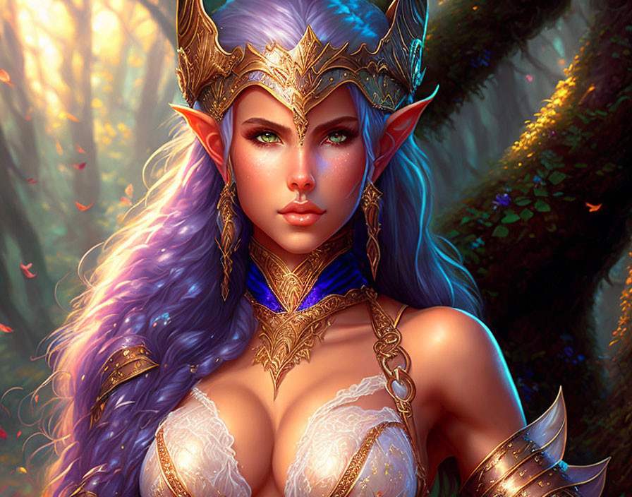 Fantasy elf woman in golden armor and crown in enchanted forest