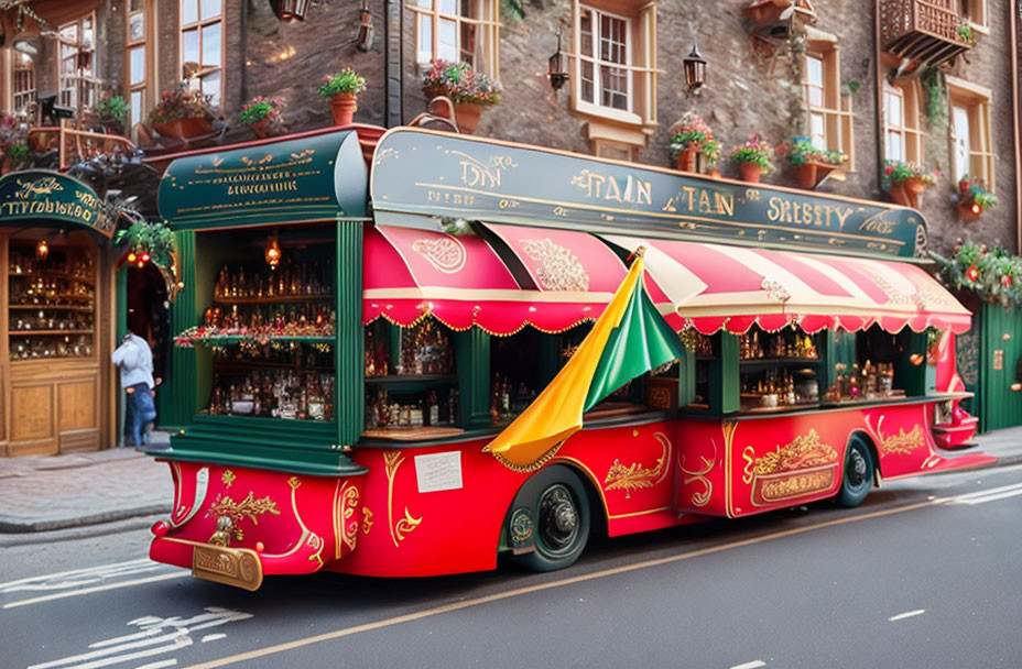 Vintage red and green tram transformed into a charming street-side pub on cobbled city street