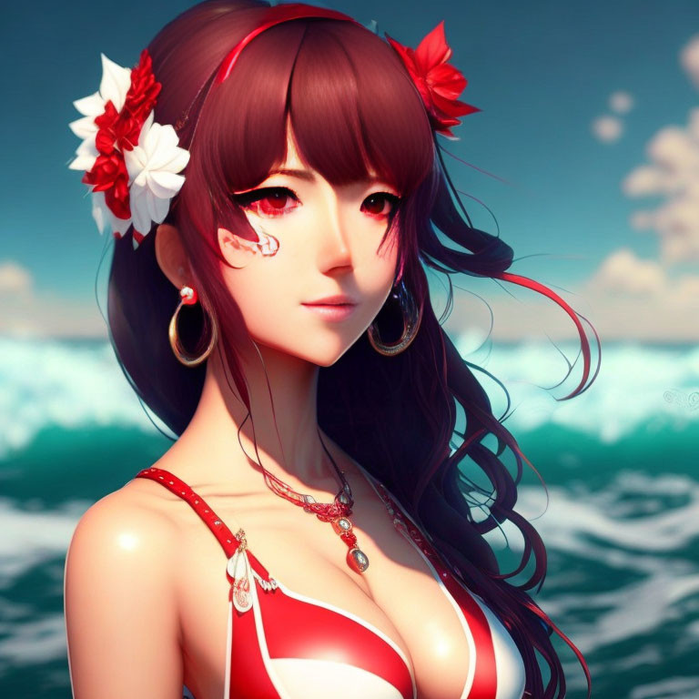 Digital artwork of female character with brown hair, red and white flowers, in red swimsuit by ocean