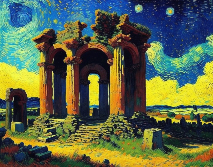 Classic Archway Painting with Swirling Skies and Stars