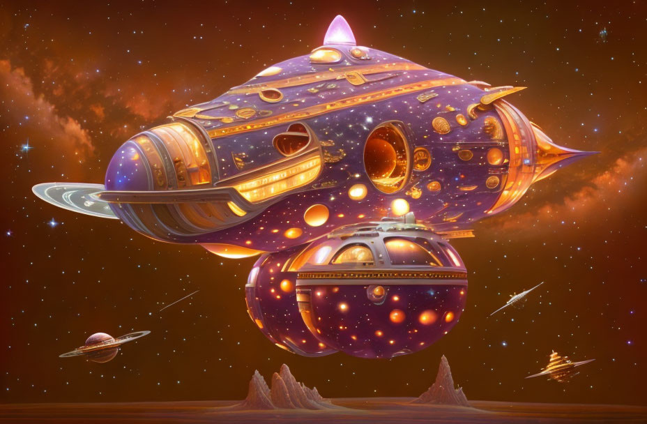 Colorful Ornate Spaceship with Celestial Design and Glowing Orbs in Cosmic Backdrop