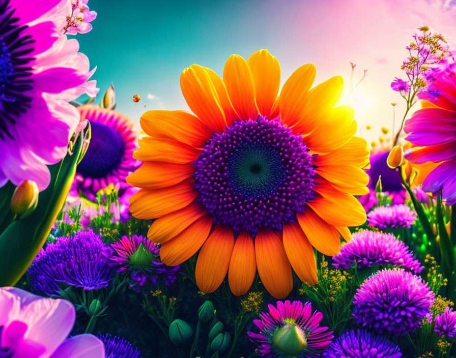 Colorful Sunflower and Purple Flowers with Bee in Sunlit Sky