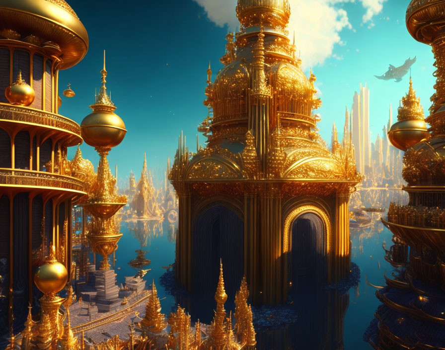 Golden city with ornate spires and domes reflecting in calm waters under blue sky