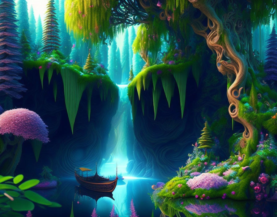 Vibrant neon-lit fantasy forest with boat on blue river