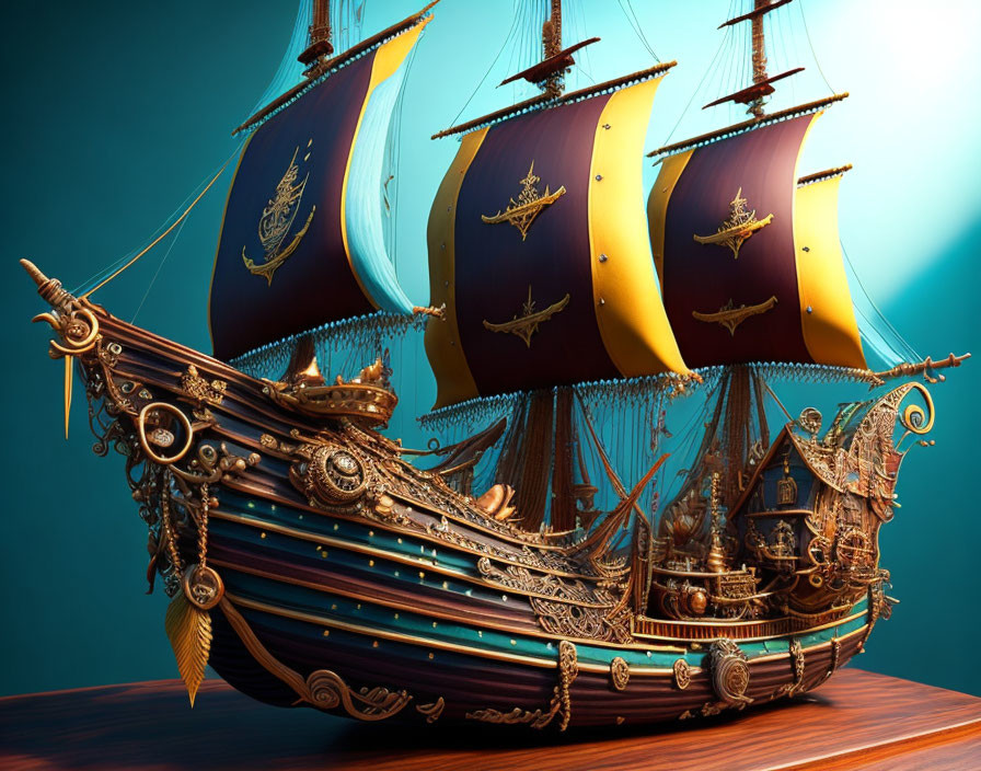 Elaborate model ship with golden accents on teal background