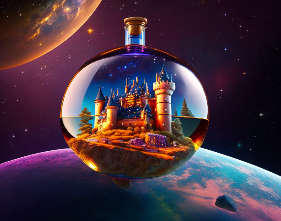 Fantastical castle in glass bottle amidst celestial bodies and nebula