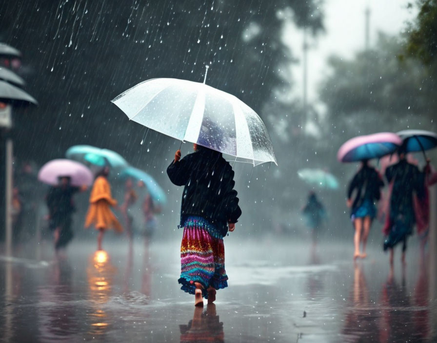 Transparent umbrella in rainy street with colorful umbrellas