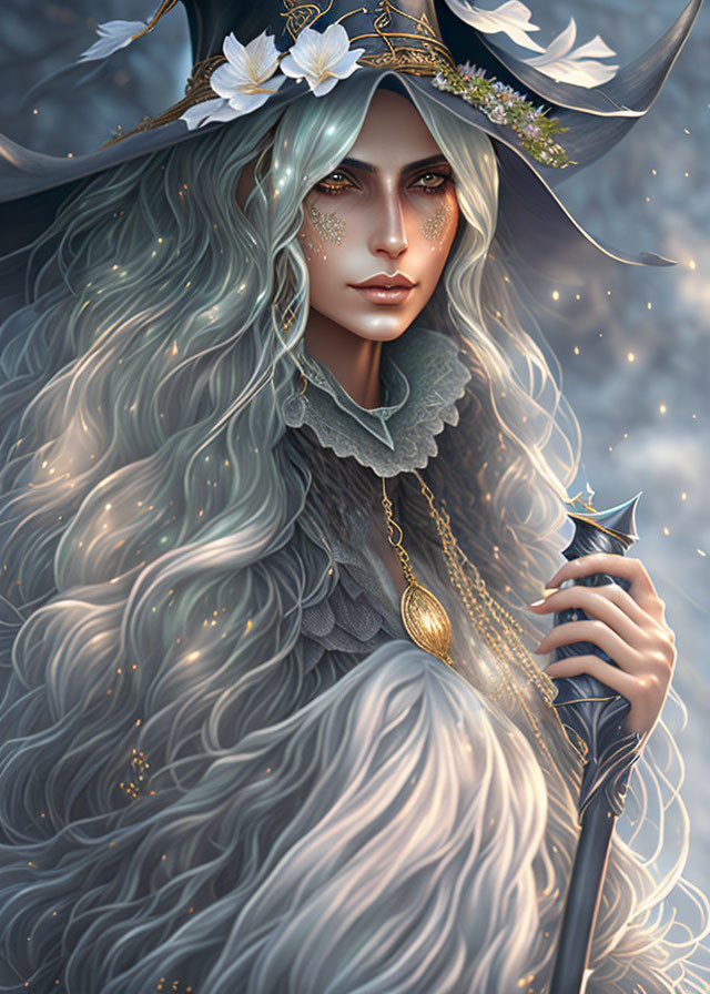 Fantasy character with silver hair, witch hat, ruffled collar, and wand