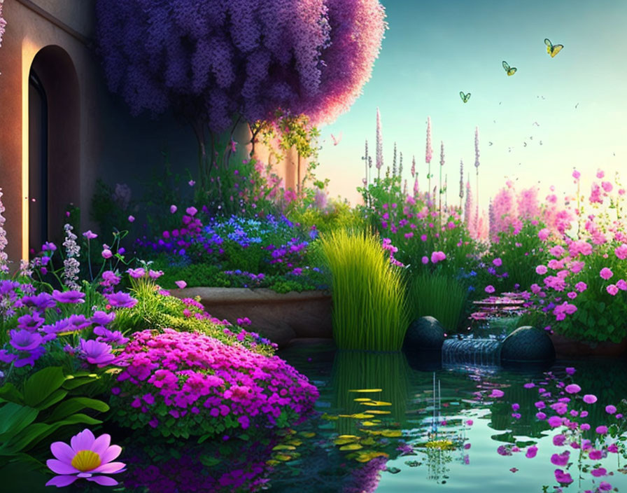 Colorful garden with purple trees, flowers, pond, and butterflies