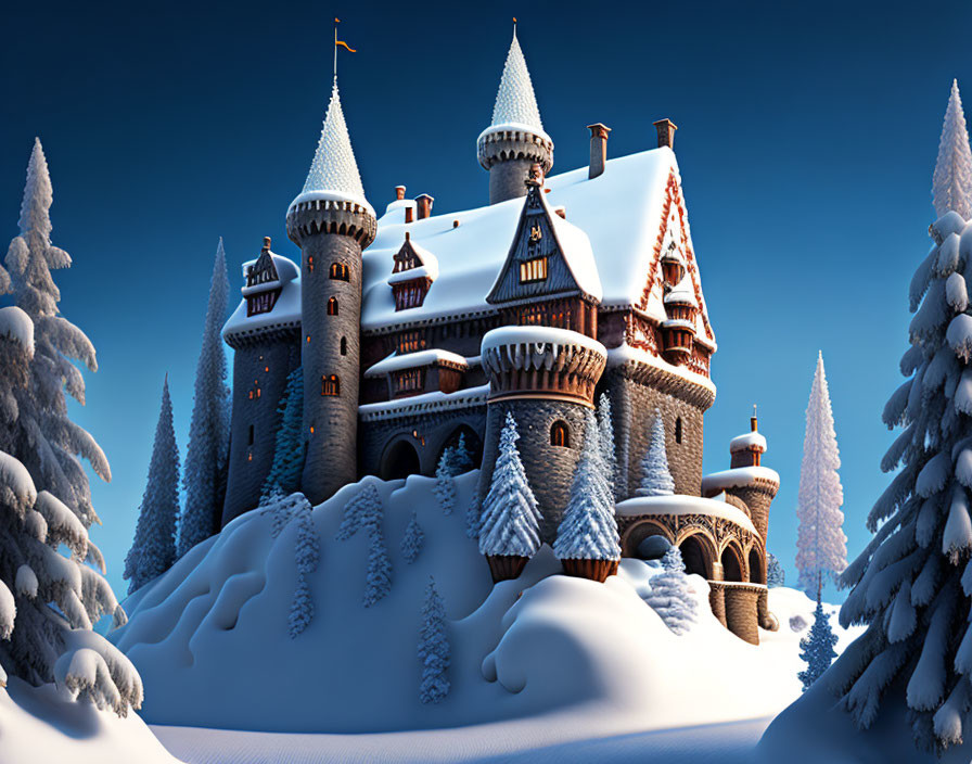 Snow-covered castle with spires in frosted pine forest