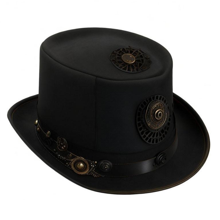 Steampunk black top hat with metallic gears and clockwork designs on white background