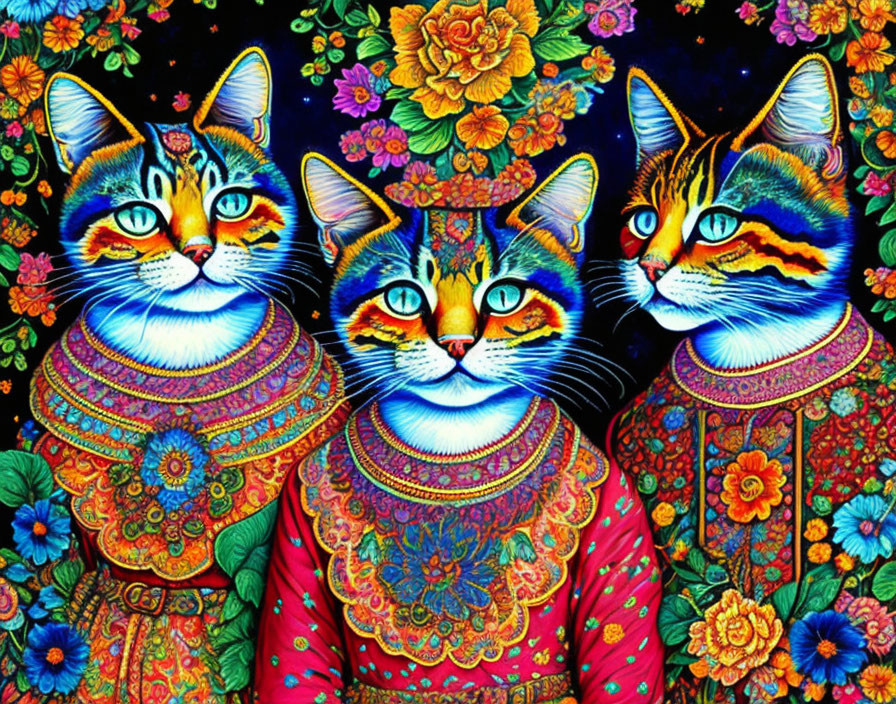 Three vibrant patterned cats in ornate clothing on dark blue floral background