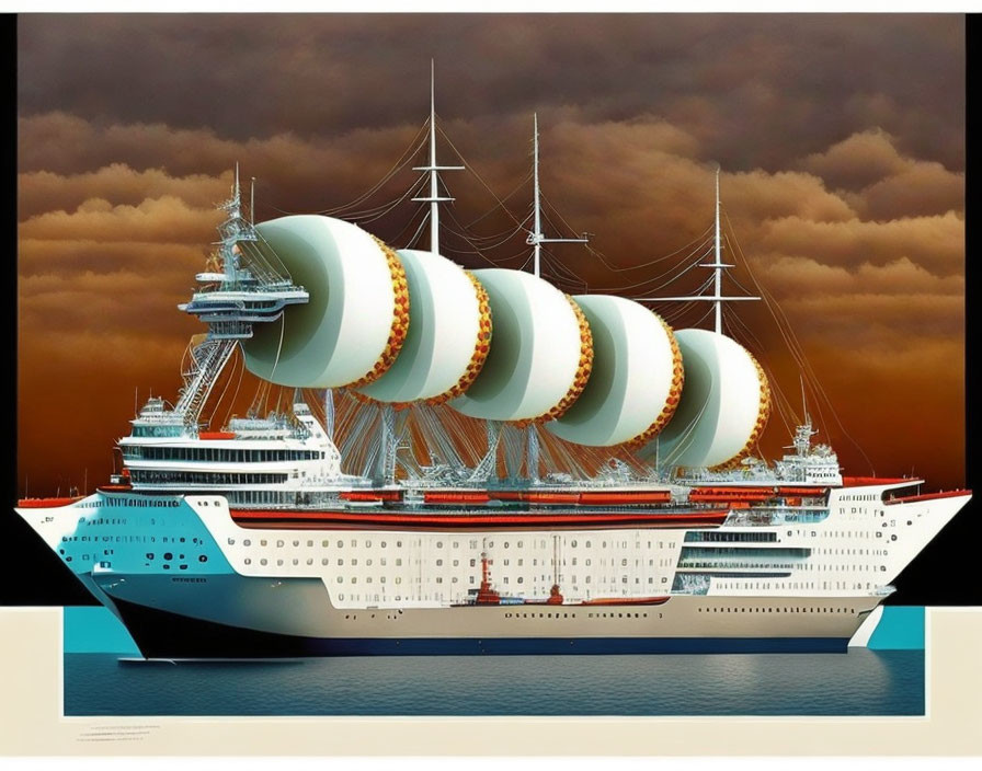 Fantastical ship with multiple hulls and sail-like structures in dramatic sky