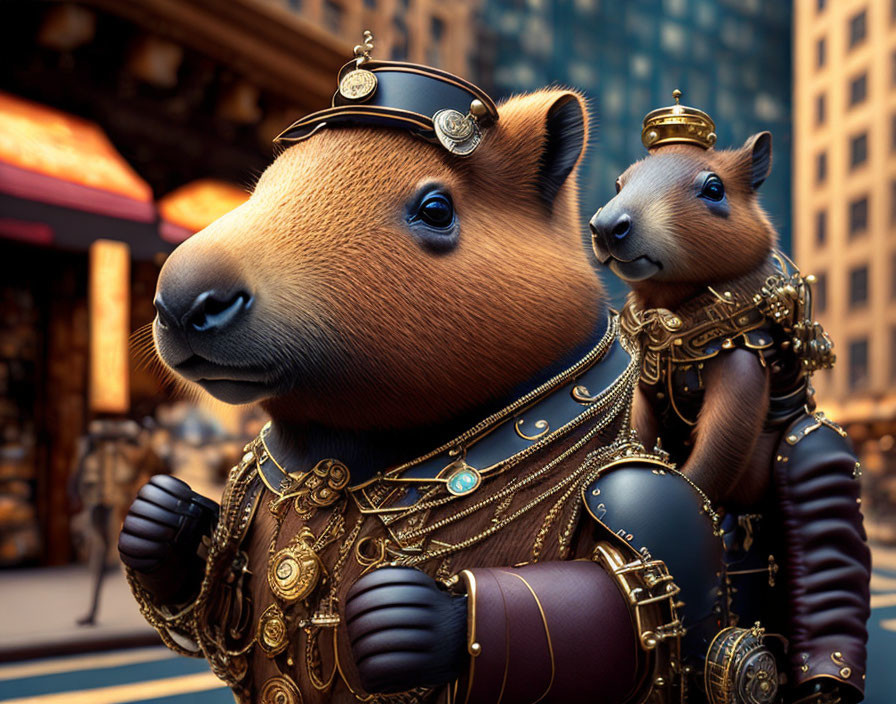 Steampunk Outfit Capybaras in City Scene