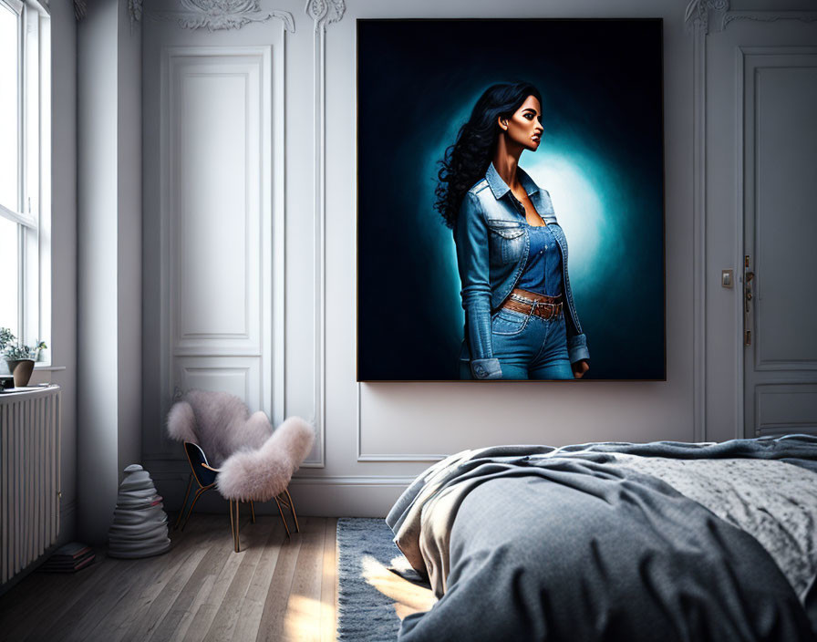 Spacious room with white walls, large portrait of a woman in denim, fluffy chair, bed,