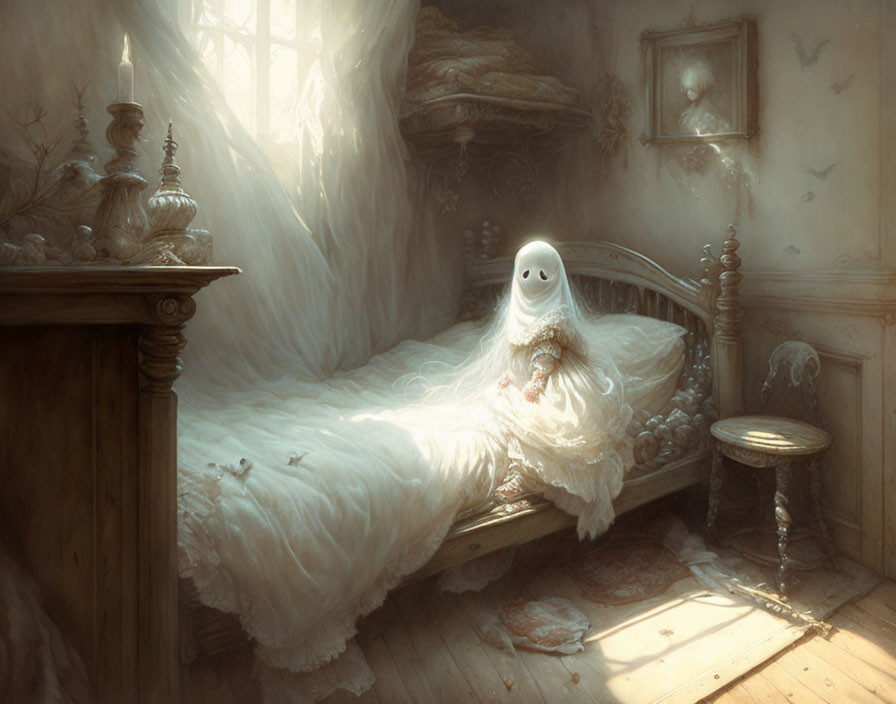 Whimsical ghost on antique bed in vintage room