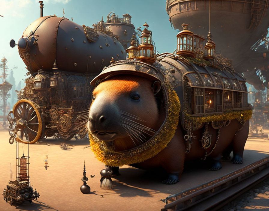 Whimsical steampunk capybara train in industrial cityscape