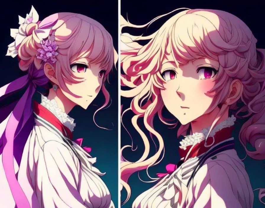 Anime-style female characters with ornate hair accessories and detailed collars, in dark and light hair,