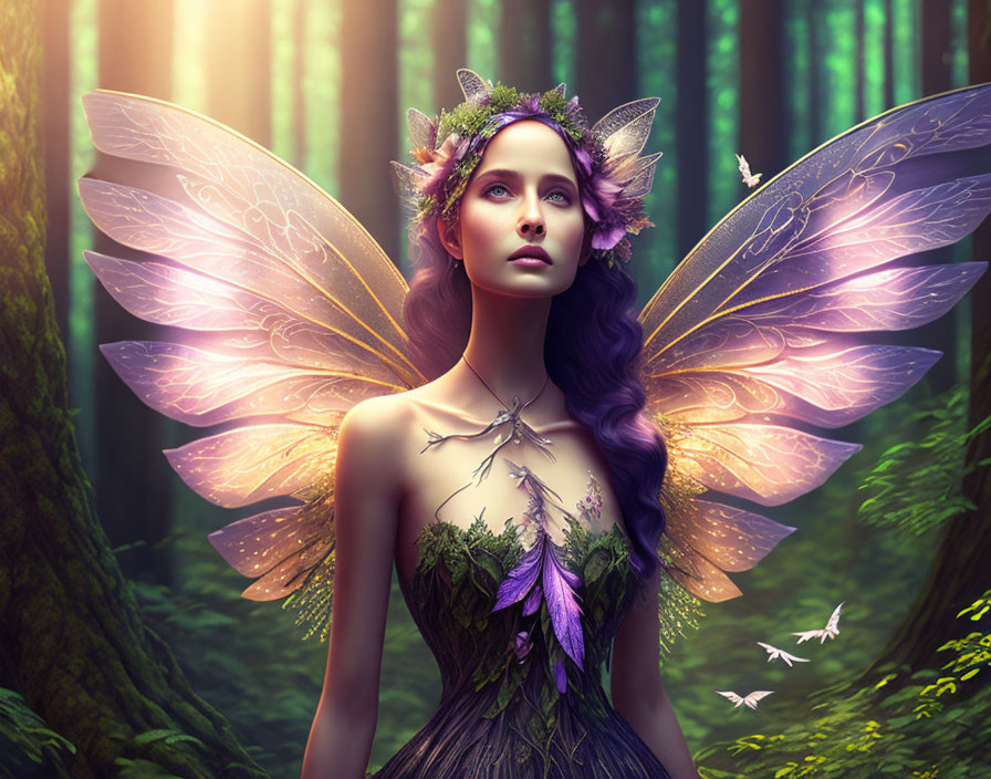 Translucent-winged fairy with floral crown in sunlit forest surrounded by butterflies