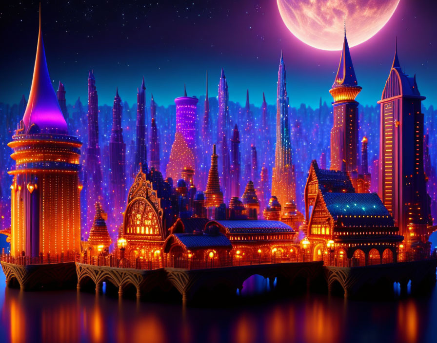 Vibrant fantasy cityscape: illuminated buildings, spires, bridge, purple moon