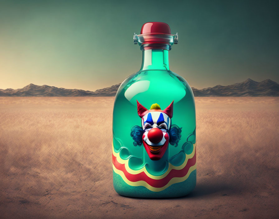 Clown face with red nose in glass bottle on desert backdrop