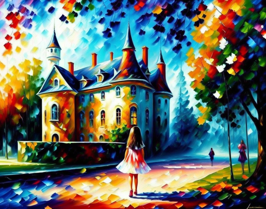 Colorful painting of person near whimsical castle and autumn trees.