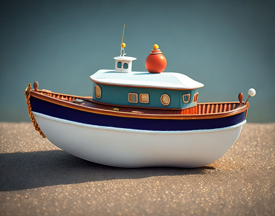 Detailed miniature model boat with white hull and blue trim on concrete surface.