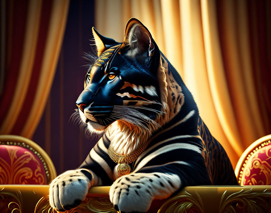 Anthropomorphic tiger with gold chain on ornate golden table against red curtains