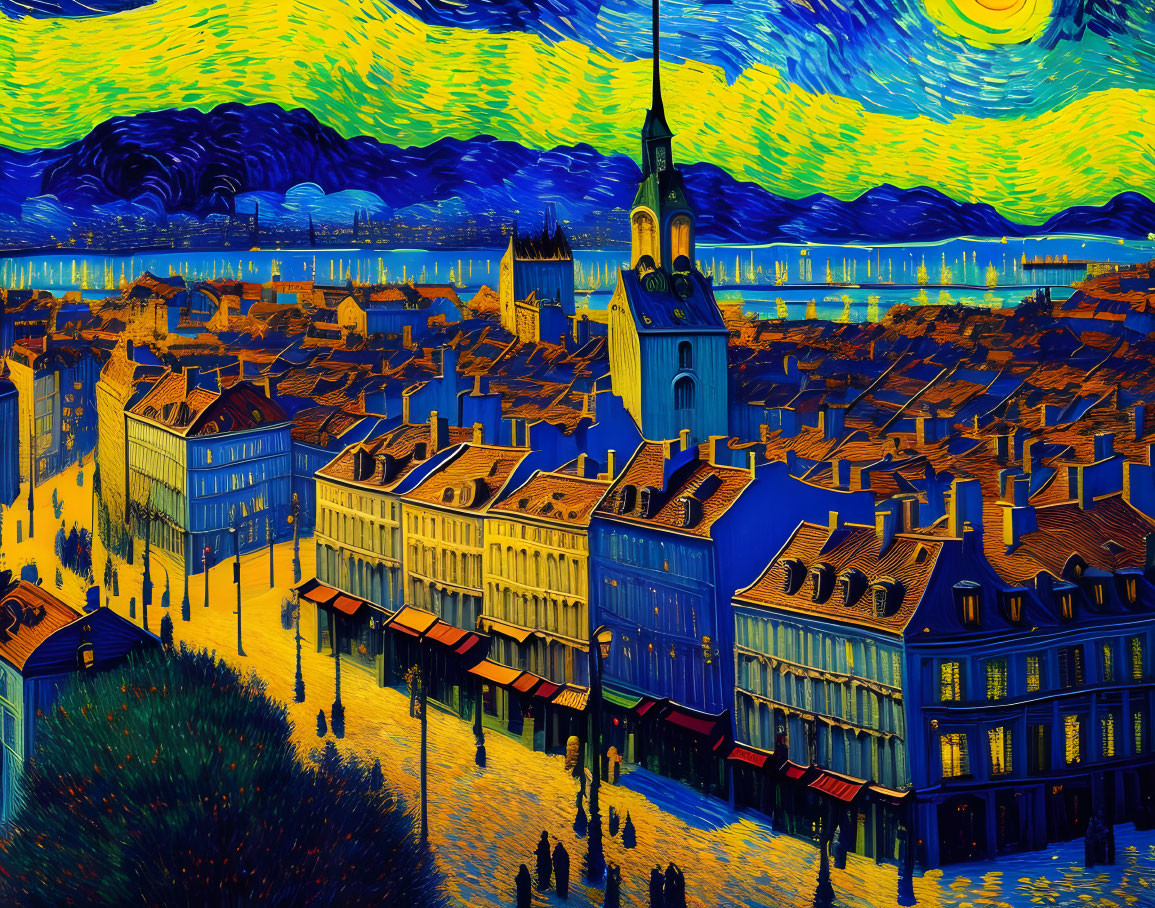 Vibrant Van Gogh-style painting: Starry night over town with church spire in blue