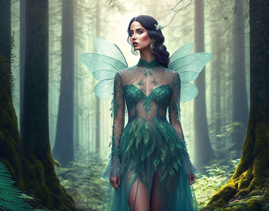 Woman in leafy green fairy costume with translucent wings in misty forest