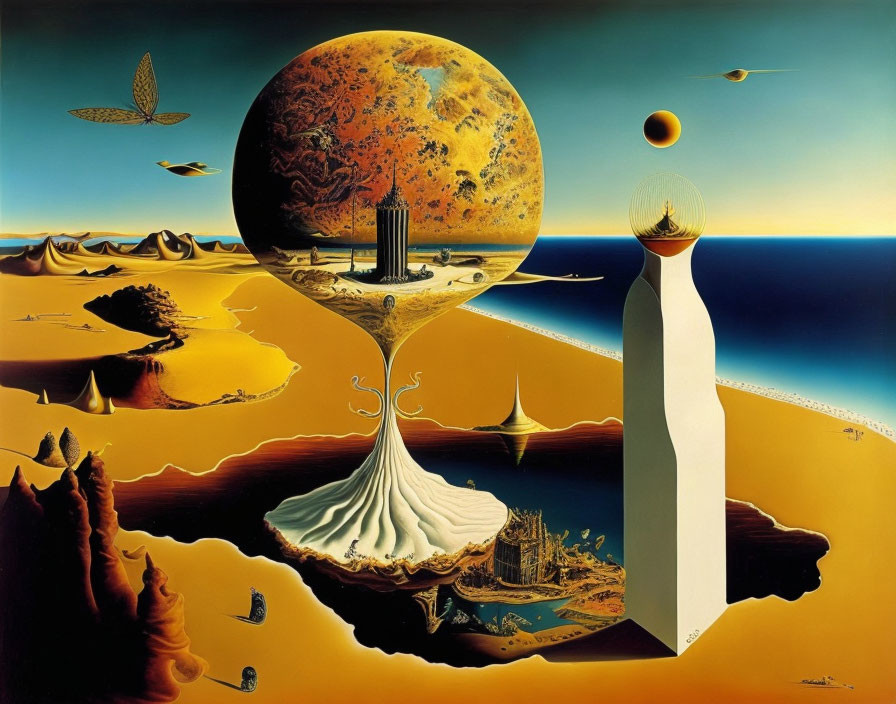 Surrealistic Painting: Planetary Bodies, Liquid Forms, Desert Landscape, Architectural Elements