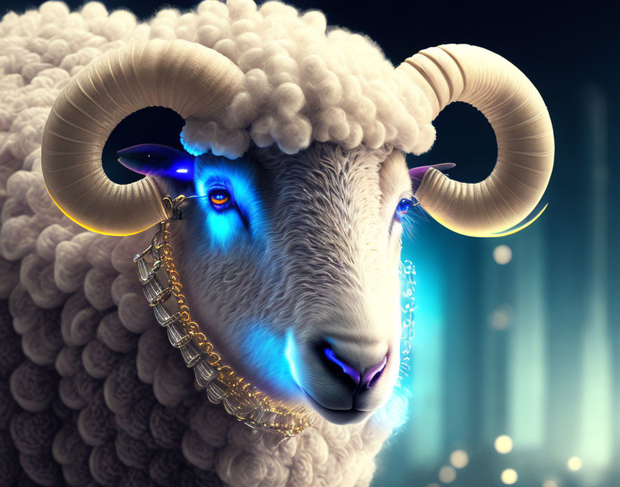 Stylized sheep with glowing blue eyes and golden accessories on soft background