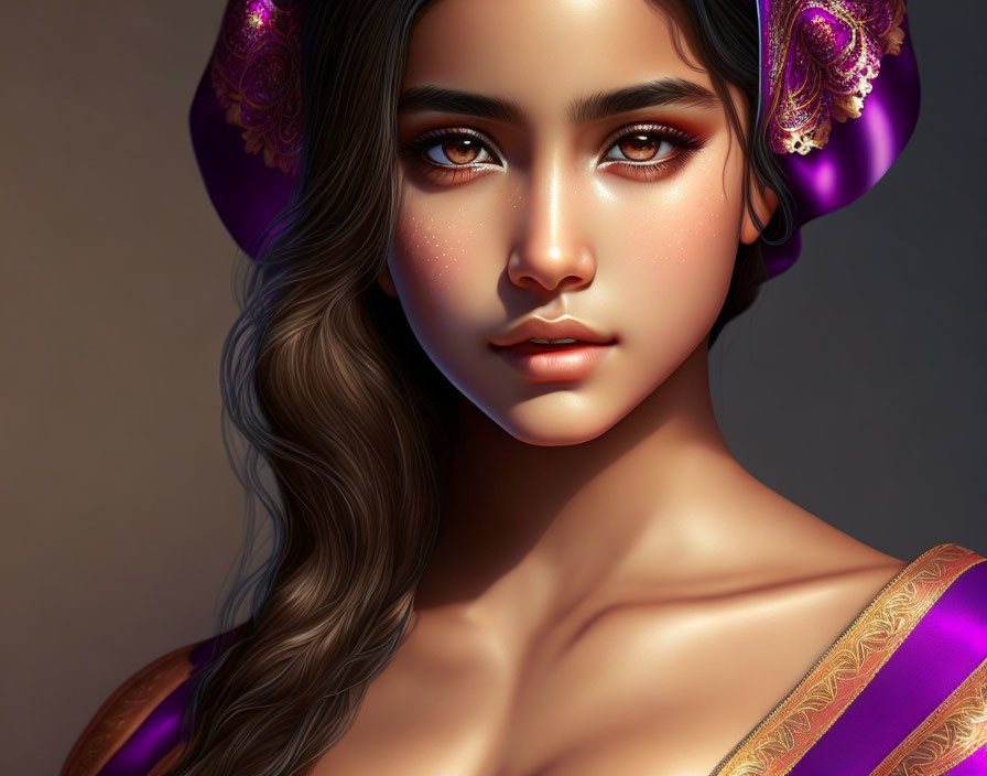 Portrait of a woman with wavy hair, freckles, and traditional purple outfit.