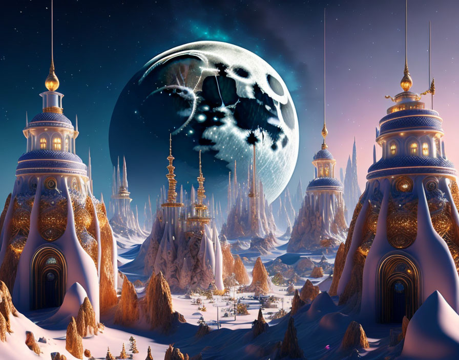 Ornate domed buildings in snowy nighttime landscape