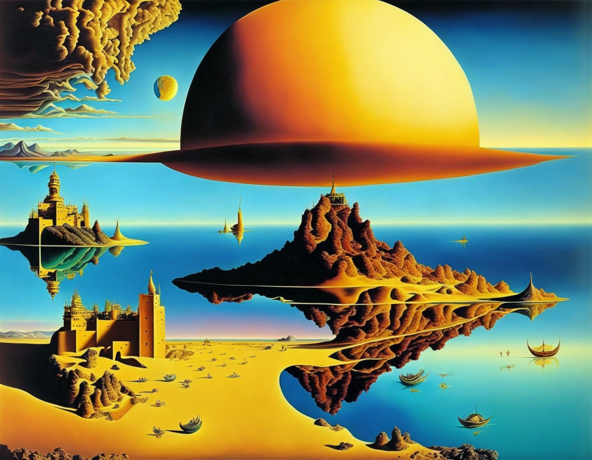 Surreal landscape with floating islands, castles, ships, and a large yellow planet