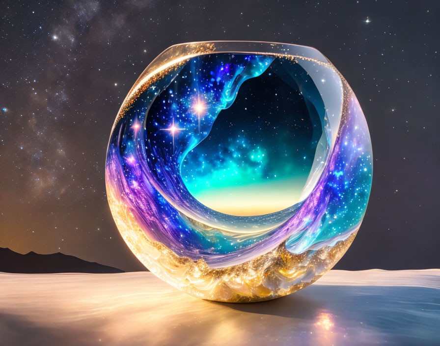 Surreal cosmic glass sphere reflecting vibrant galaxy in night sky